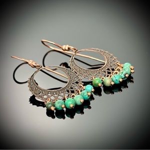 Turquoise Copper Filigree Boho Chandeliers, Handmade Artisan Dangle Earrings